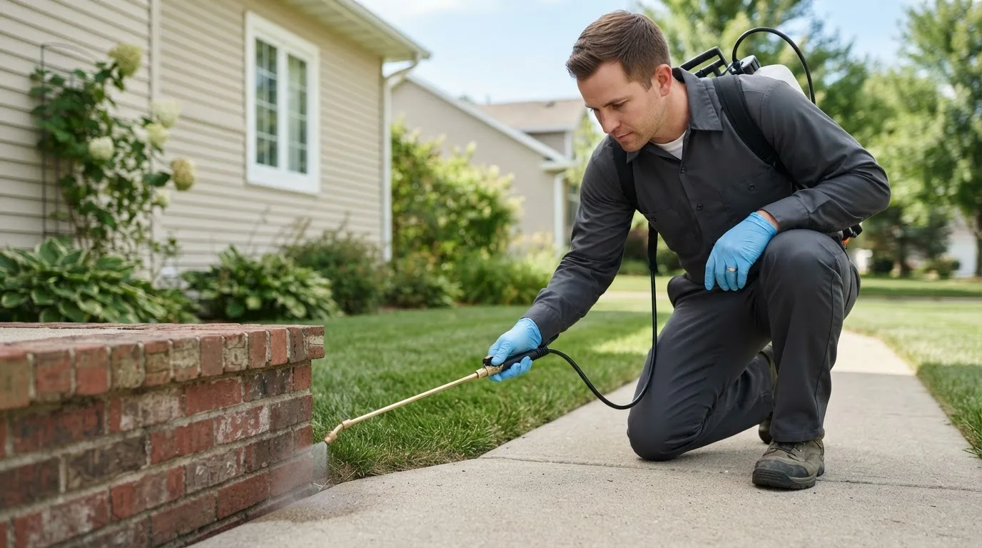 Pest control technician treating a home near Preston, ID