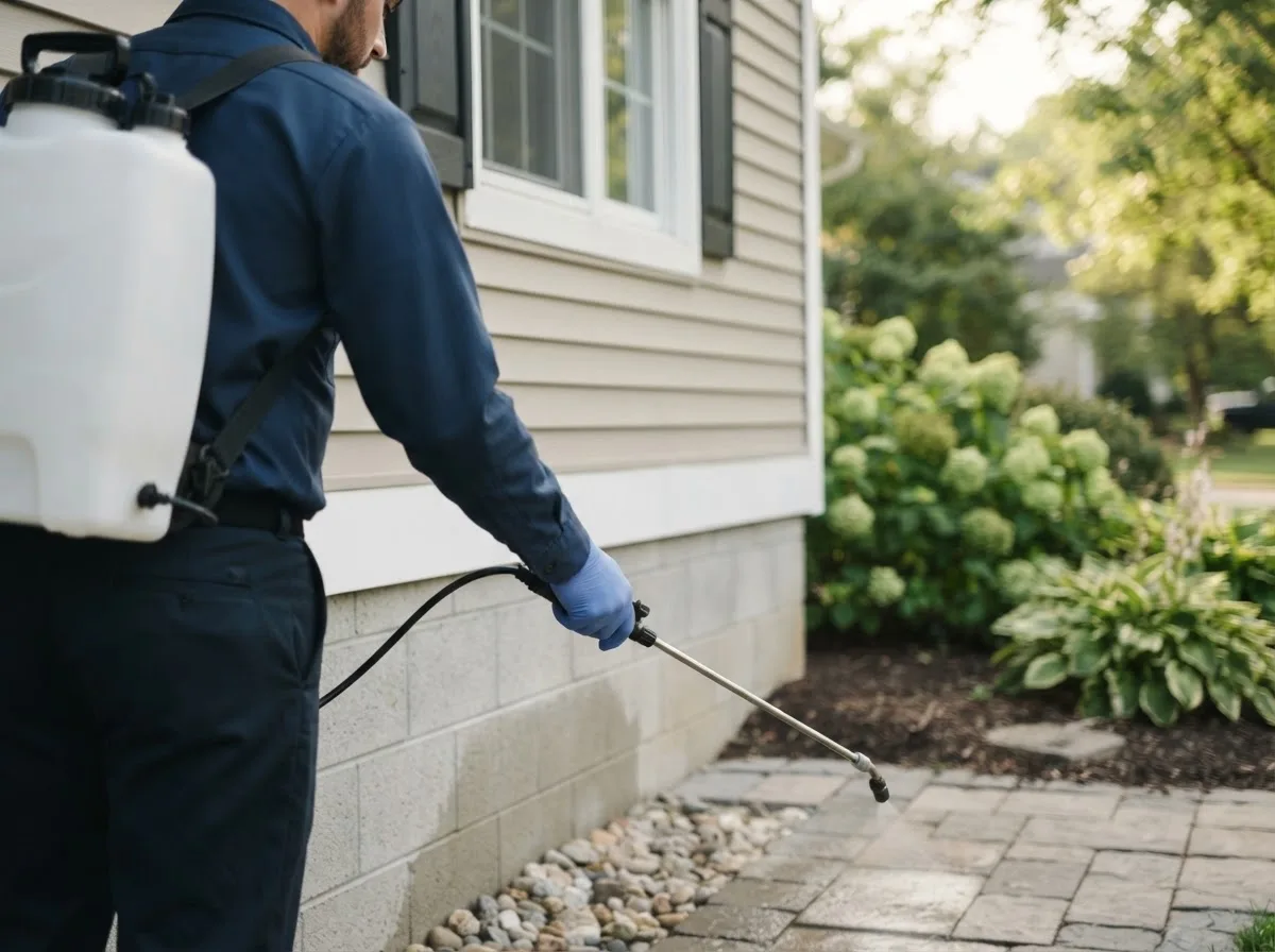 Pest control technician inspecting a home in Preston, ID